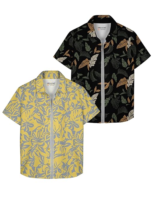 HELLCAT Yellow, Olive Trendy Regular Fit Printed Causal Shirt for Boys - Pack of 2